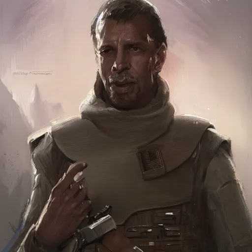 Image similar to portrait of a man by greg rutkowski, a jedi commander, arabian features and olive skin, long black hair, wise appearance, wearing the tactical gear of the galactic alliance, star wars expanded universe, he is about 4 0 years old, highly detailed portrait, digital painting, artstation, concept art, smooth, sharp foccus ilustration, artstation hq