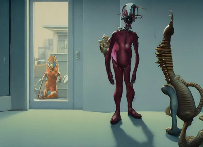 Prompt: a still from futurama by francis bacon, surreal, norman rockwell and james jean, greg hildebrandt, triadic color scheme, by greg rutkowski, in the style of francis bacon and edward hopper and beksinski, dark surrealism, grand theft auto video game, a still from the film alien