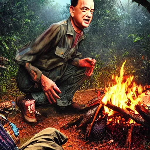 Image similar to Tom Hanks as forrest raosting a giant shrimp over a campfire in the jungle, realistic digital painting, in the style of Aleksi Briclot, photoreailstic, realistic face, amazing detail, sharp