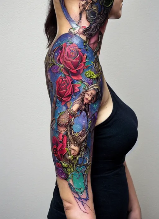 Image similar to gorgeous girl in a cosmic dress, full-body tattoos, ornate, rococo, grotesque, zbrush art, majestic, organics, silver filigree, colorful, dark fantasy, celtic knot, anatomical, HR, giger style, moebius, frank frazetta, ornate, art nouveau, symmetrical, turquoise jewelry, red smoke, roses, unbiased render, rotten, Emil melmoth, eerie, macabre, haunting, detailed and intricate, floral, faded pink, hypermaximalist, elegant, vintage, hyper realistic, super detailed, pastel colors, 8K, octane render, 8k