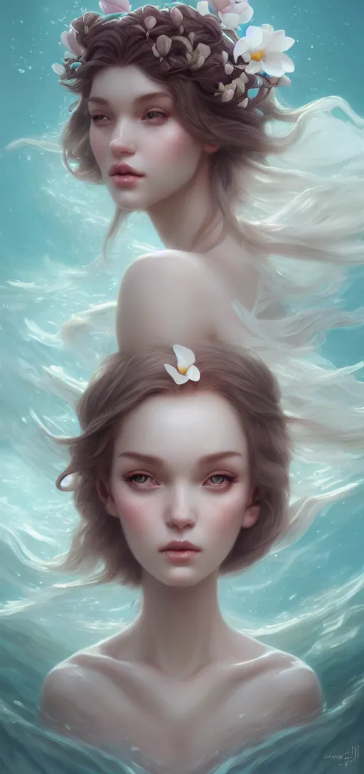Image similar to character art of a goddess of magnolias as windy dusty underwater angelic young female | | seductive - fine - face, pretty face, key visual, realistic shaded perfect face, fine details by artgerm, wlop, tom bagshaw, james jean, andrei riabovitchev, marc simonetti, trending on artstation