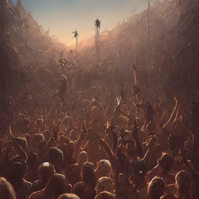Prompt: a painting of a punk concert at the desert by greg rutkowski, dark fantasy art, high detail, trending on artstation