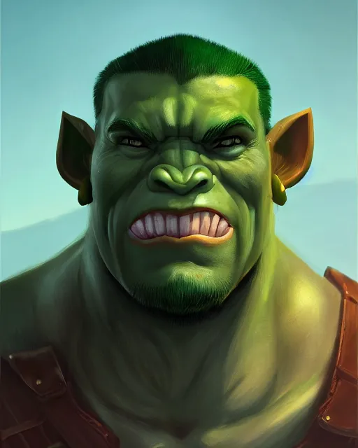 Prompt: « a portrait of a muscular green orc, a character portrait by paul kelpe, reddit contest winner, sots art, ilya kuvshinov, 2 d game art, parallax »