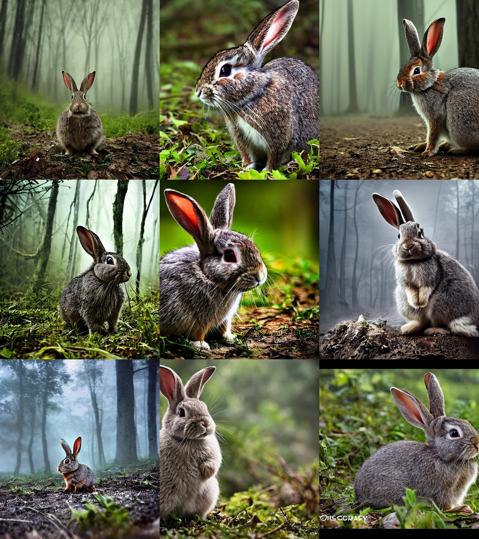 Prompt: photograph by discovery channel!!!! full shot!!! rabbit superhero armored rugged troop, fog, in deep forest jungle, overcast!!!