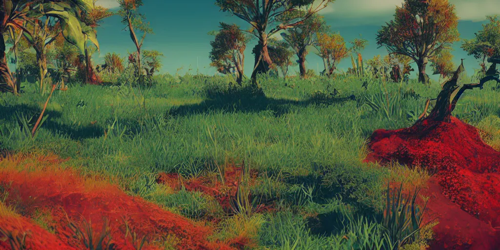 Prompt: abstract 3d rendered landscape with vegetation by james jean and painted in no mans sky style, redshift, octane