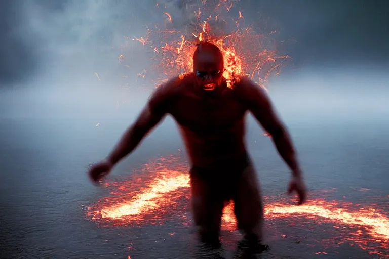 Prompt: a cinematic wide - angle photograph of a mutant made of fire walking through a river in a vast serene landscape, beautiful lighting, high depth, ultra realistic, artistic, by zack snyder and john harris