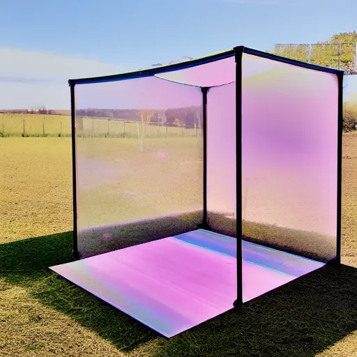 Prompt: a pastel coloured Polaroid photo of a luxurious sun bed and sun shade made of transparent iridescent perspex stood in a field, beams of light, nostalgic