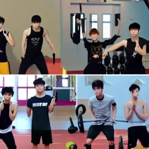 Image similar to the k-pop band EXO working out in the gym together, photo-realistic, high detail, high quality faces