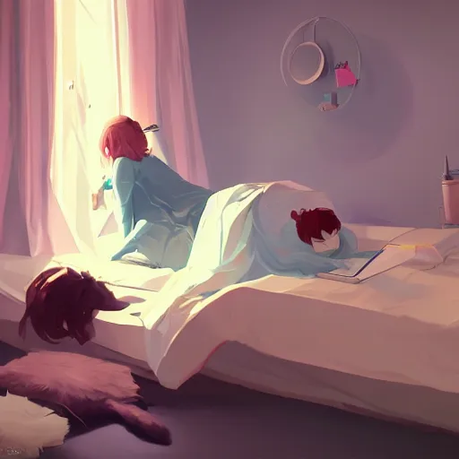 Image similar to a girl is lying on the bed and playing with her mobile phone, a ragdoll cat is lying on the side, characterized by roman shipunov, etienne hebinger, atey ghailan, cgsociety, fantasy art, 2 d game art