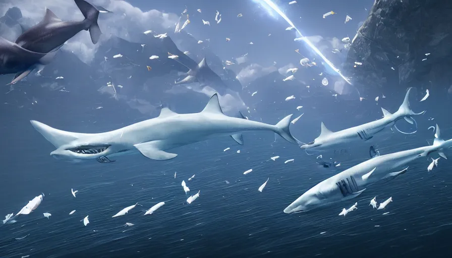 Image similar to highly futuristic school of fish flying through the sky towards an infinite shark god, unreal engine