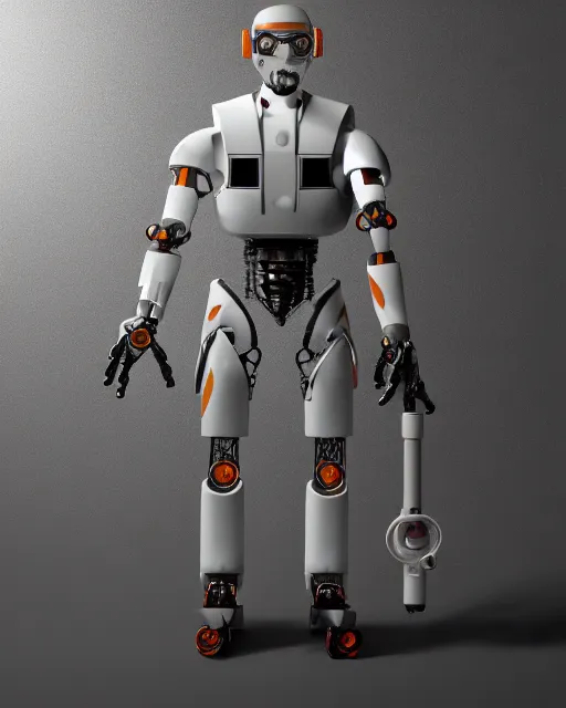 Image similar to full body 3d render of gordon freeman as a robot, studio lighting, white background, blender, trending on artstation, 8k, highly detailed