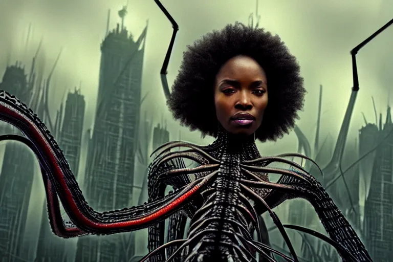 Image similar to realistic detailed closeup portrait movie shot of a beautiful black woman riding a giant spider, dystopian city landscape background by denis villeneuve, amano, yves tanguy, alphonse mucha, max ernst, kehinde wiley, caravaggio, roger dean, cyber necklace, rich moody colours, sci fi patterns, wide angle