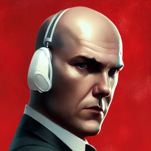 Prompt: a portrait of agent 4 7 from hitman wearing headphones, dark background, red rim light, highly detailed, digital art, artstation, concept art, smooth, sharp focus, greg rutkowski, wlop