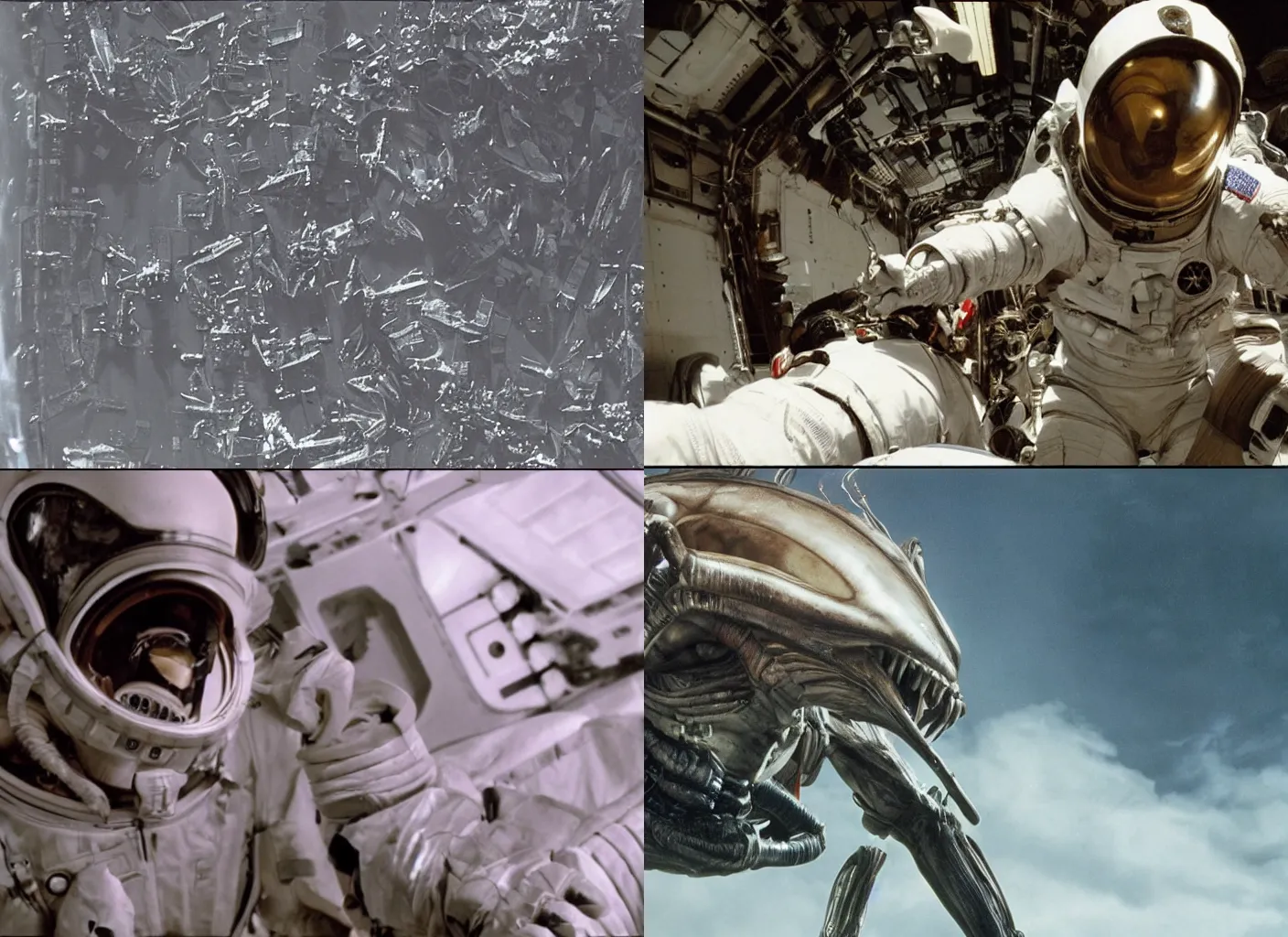 Prompt: xenomorph attack, xenomorphs, astronauts, space shuttle, apollo 1 1, the movie alien, high definition, grainy footage, color footage, landscape, medium length photography