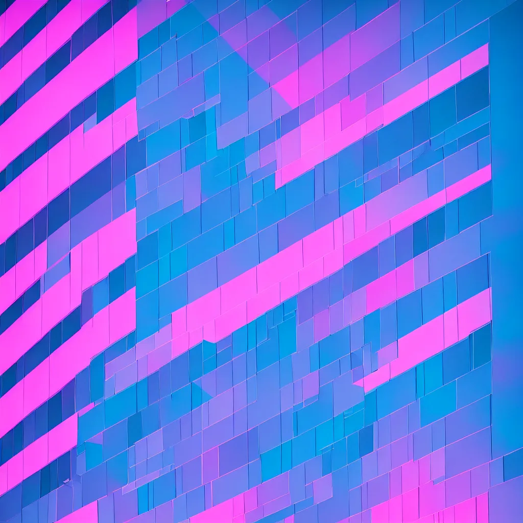 Prompt: photograph of intersecting windows of various colors at night, blue and pink accents, dream-like, hyper-realistic, visual contrast, trending on Unsplash, volumetric lighting