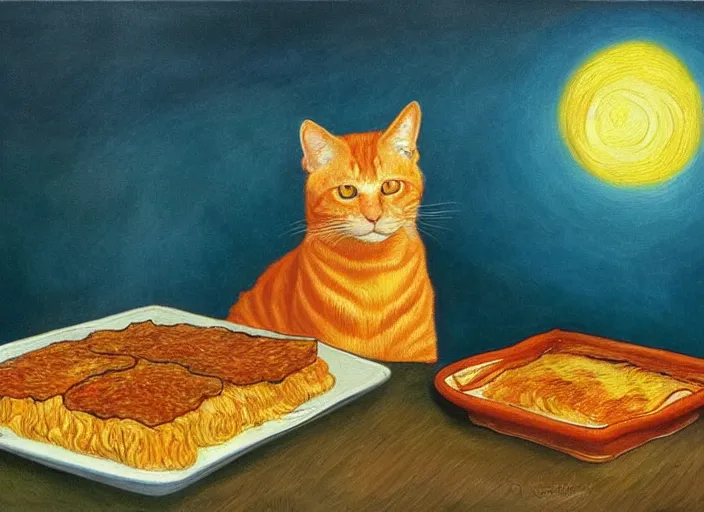 Image similar to detailed realistic realism painting of orange tabby cat eating lasagna at dusk, in the style of vincent van gogh and salvador dali and leonardo da vinci