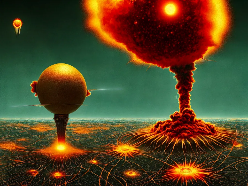 Prompt: highly detailed photo of atomic explosion, trending on deviantart, neo surrealism, sharp focus, a lot of little details, octane, masterpiece, art by max ernst