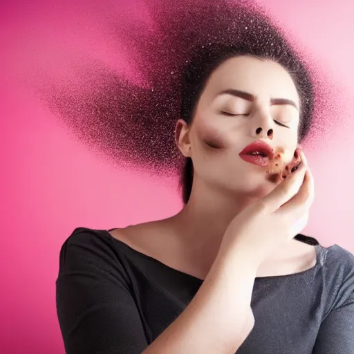 Prompt: a woman with a poof of makeup powder exploding behind her.