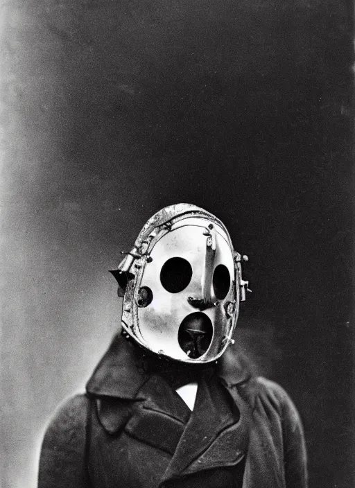 Prompt: photo portrait of 19 century male wearing brutal shiny metal face mask with fine detail engravings and runes cultist lord rich baron by Diane Arbus and Louis Daguerre