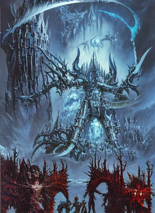 Prompt: icecrown citadel painting illustration, fighting fantasy cover by peter andrew jones, by russ nicholson, by ian miller, by iain mccaig, by malcolm barter, by alan langford, detailed