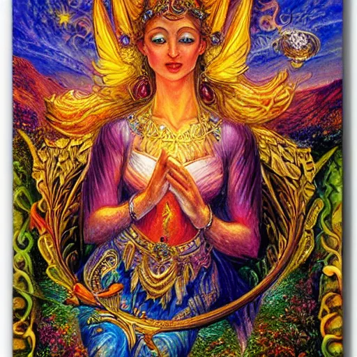 Image similar to goddess by josephine wall, checking her phone, sitting on flying golden ram, erupting volcano in distance, flowers in foreground, sunset, stars in sky, fantasy