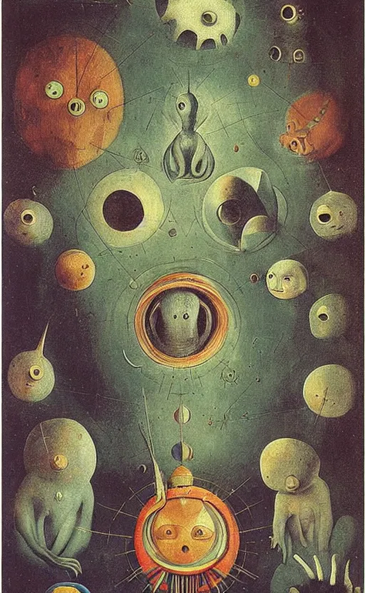 Image similar to a new small cute creature from space cosmic multiple eyes a bit weird cosmic with an intriguing wonderful machine beside him, tarot card, beautiful frames, Leonora Carrington moebius Hieronymus Bosch Max Ernst dali Zdzisaw Beksiñski Roland Topor Henryk Plociennik