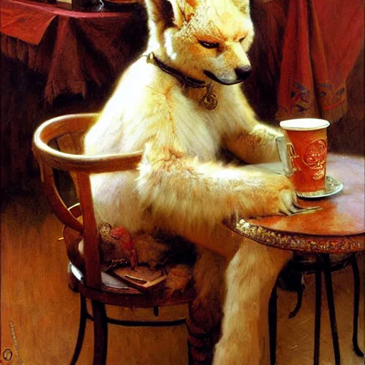 Prompt: a portrait of a furry in a coffee shop, furry body, furry arms, furry legs, furry tail. highly detailed painting by gaston bussiere, craig mullins, j. c. leyendecker, furry