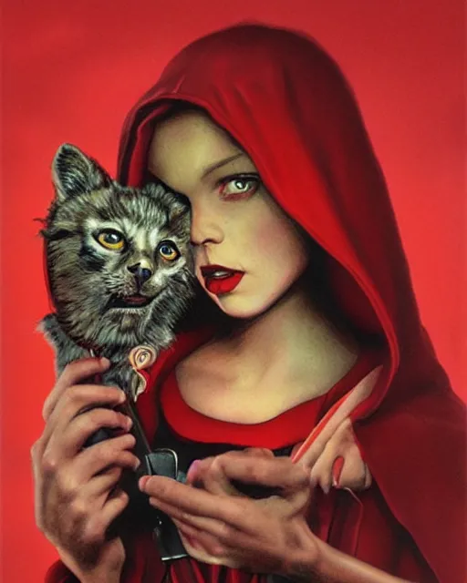 Image similar to little red riding hood, airbrush, drew struzan illustration art, key art, movie poster