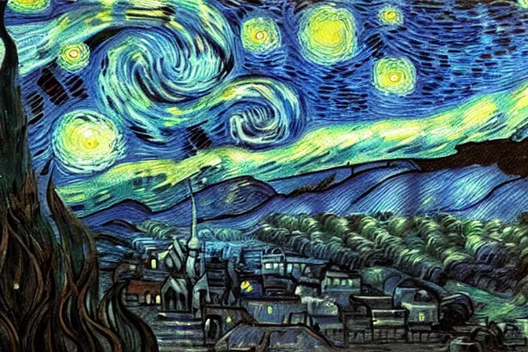 Prompt: man is seeing old god cthulhu terrifying the night sky of a city, epic scene oil painting hyper - detailed realistic dark - art painted by van gogh