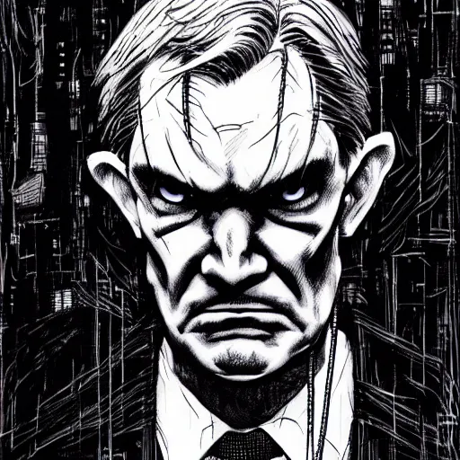 Image similar to Jerome Powell looking sinister, by Tsutomu Nihei, highly detailed