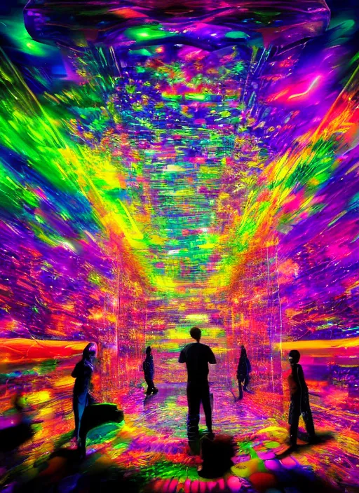 Image similar to cinematic shot cyberspace of creativity, large floating holographic moving images, hyper realistic, mood lighting, fantasy, detailed happy people creating colorful diverse art, highly detailed, super realistic, perfect lighting pixel sorting, style sheet