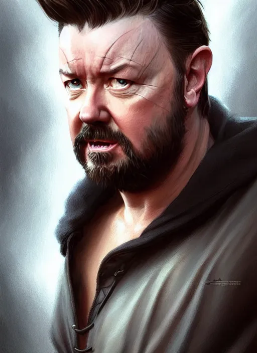 Image similar to portrait of ricky gervais, d & d, muscular! fantasy, intricate, elegant, highly detailed, digital painting, artstation, concept art, smooth, sharp focus, illustration, art by artgerm and greg rutkowski and alphonse mucha