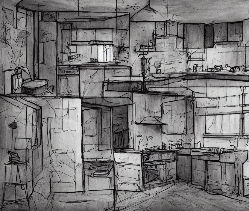 Image similar to An of interior of a kitchen at night, rotoscoped, rotoscope, photoshop, photomanipulation, realism, painting, illustration and sketch, weird scribbles, hybrid styles, hybrid art styles, mismatched, trending on artstation, trending on deviantart, weird, quirky, interesting, very detailed, highly detailed, HD Quality, 4k resolution, 8k resolution, in the style of David Firth, in the style of James Lee, in the style of Drue Langlois,