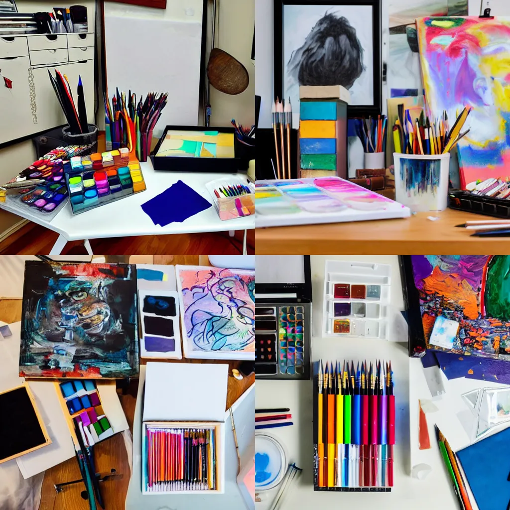 Prompt: A desk full of art supplies and a canvas being worked on, realistic