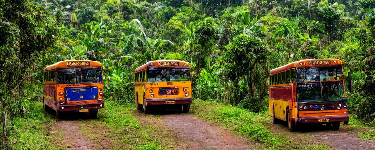 Prompt: a bus in colombia jungle road