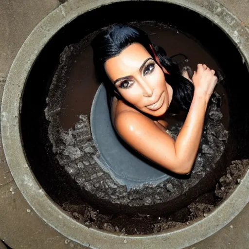 Image similar to photo of kim kardashian trapped inside a sewer drain