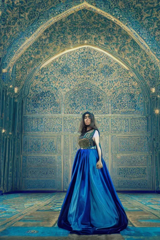 Prompt: a dramatic photo of a beautiful young Persian princess wearing a traditional blue dress, standing in a large empty hall, lit from above with vaulted ceilings and high windows. Photorealistic. Hyperreal. Hypermaximalist. Ornate. Intricate. Highly Detailed.