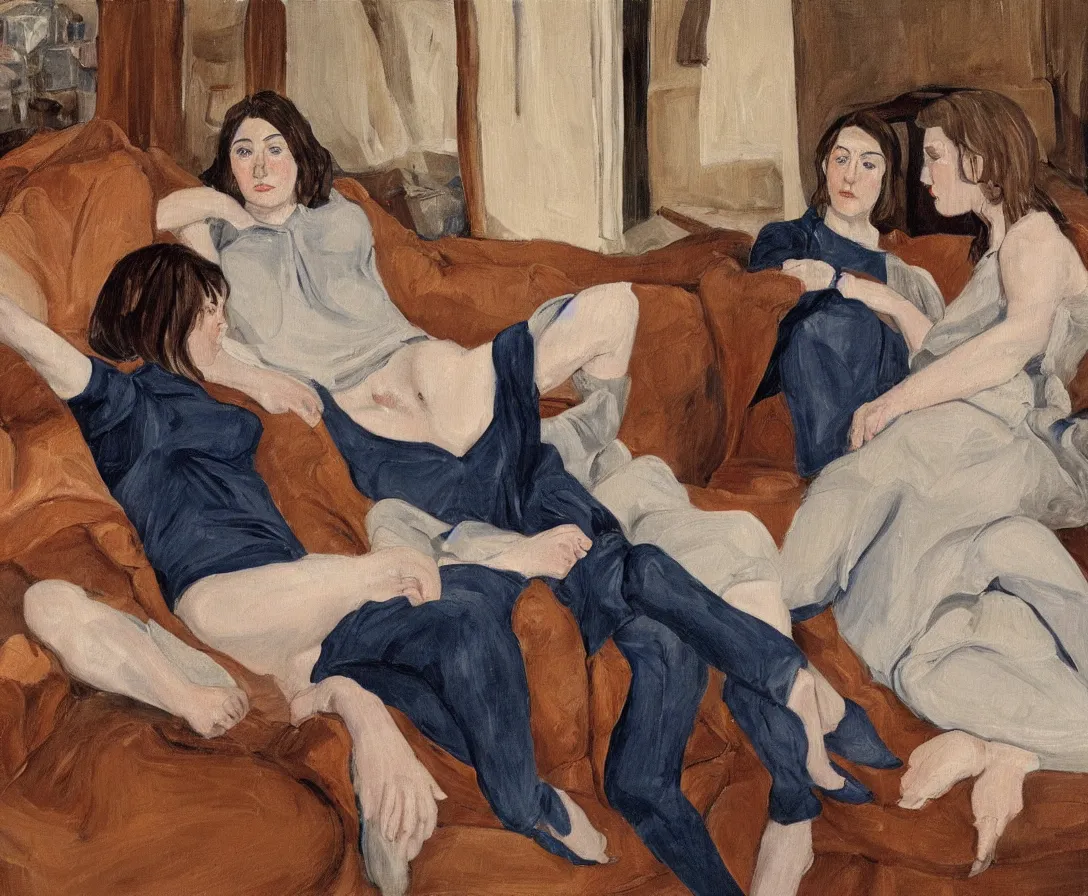 Image similar to two women, in an old english apartment on a brown leather sofa. one is wearing a dark blue sweather, the other a white shirt. brown hair, they are looking into the camera. wide shot. in the style of lucien freud. oil painting.