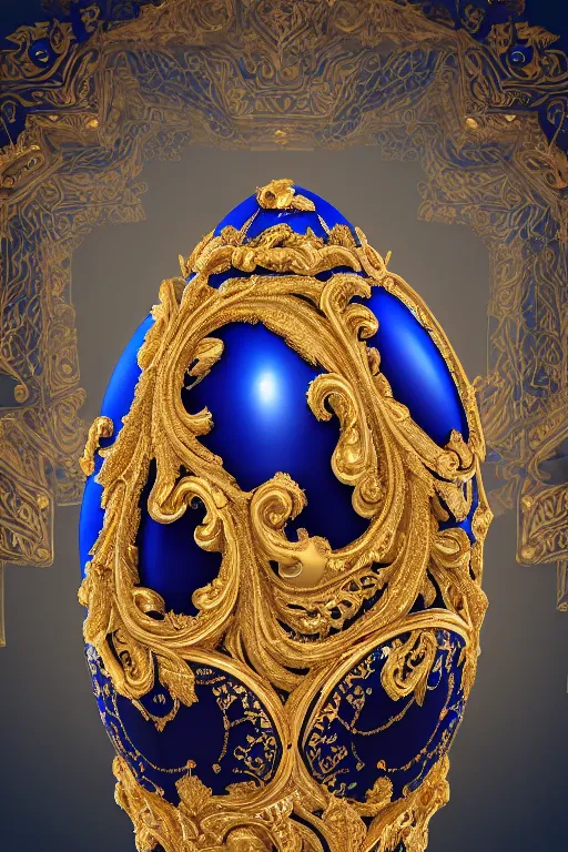 Image similar to A symmetrical shot of a royal blue satin 3D faberge egg covered in highly detailed dark gold ornate floral inlays, rendered in octane, 8k post-processing , volumetric lighting, light background, shot in 35mm, film grain, soft edges