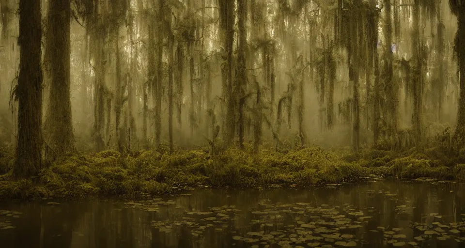 Prompt: A dense and dark enchanted forest with a swamp, with Octane