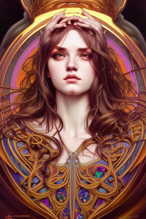 Prompt: overlord, psychedelic, portrait, highly detailed, deep focus, elegant, digital painting, smooth, sharp focus, illustration, ultra realistic, 8 k, art by artgerm and alphonse mucha