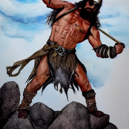 Prompt: randy savage with an anchor slung over his shoulder and foot heroically on a boulder posing in desolate wasteland | fantasy watercolour painting | middle earth | conan | darksun | d & d dungeons and dragons | barbarian