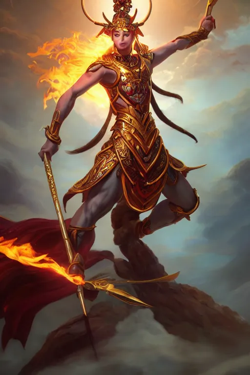 Image similar to a masterpiece portrait of nezha, legendary god holding spear and stand in flame, hero action pose, fantasy character portrait, closeup shot, hyper detailed, digital painting, 8 k realistic, trending on artstation, sharp focus, dof, by fenghua zhong, artgerm, ne zha from smite, tsuyoshi nagano, artgerm