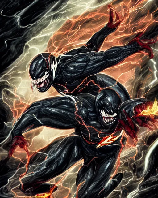 Prompt: venom as the flash, dynamic lighting, fantasy concept art, trending on art station, stunning visuals, creative, cinematic, ultra detailed, comic strip style