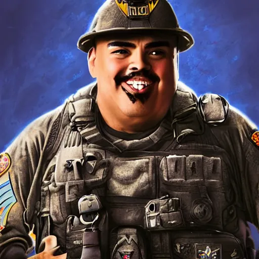 Image similar to Gabriel Iglesias as a navy SEAL, high resolution fantasy concept art, intricate details, soft lighting