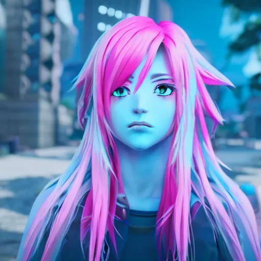 Image similar to taken from an extremely low angle at her feet, stunningly beautiful omnipotent anime goddess with pink hair and mesmerizing cyan eyes, unreal engine 5, 8 k