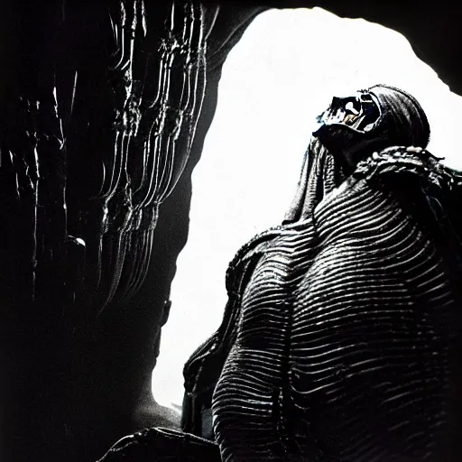 Prompt: a close - up, ultra detailed black & white studio photographic portrait of a loud screeching giant, bat - like creature flying towards you, you are exploring an alien planet and come across a strange, dark cave, dramatic backlighting, 1 9 7 3 photo from life magazine, by keith thompson, h. r. giger, in the style of the movie aliens