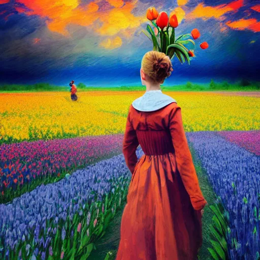 Image similar to dutch girl with singular giant tulip as a head, surreal photography, flower field, sunset dramatic light, impressionist painting, colorful clouds, blue sky, digital painting, artstation, simon stalenhag