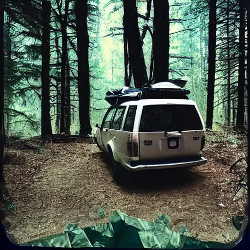 Prompt: walter white going camping in a forest, photography, polaroid,