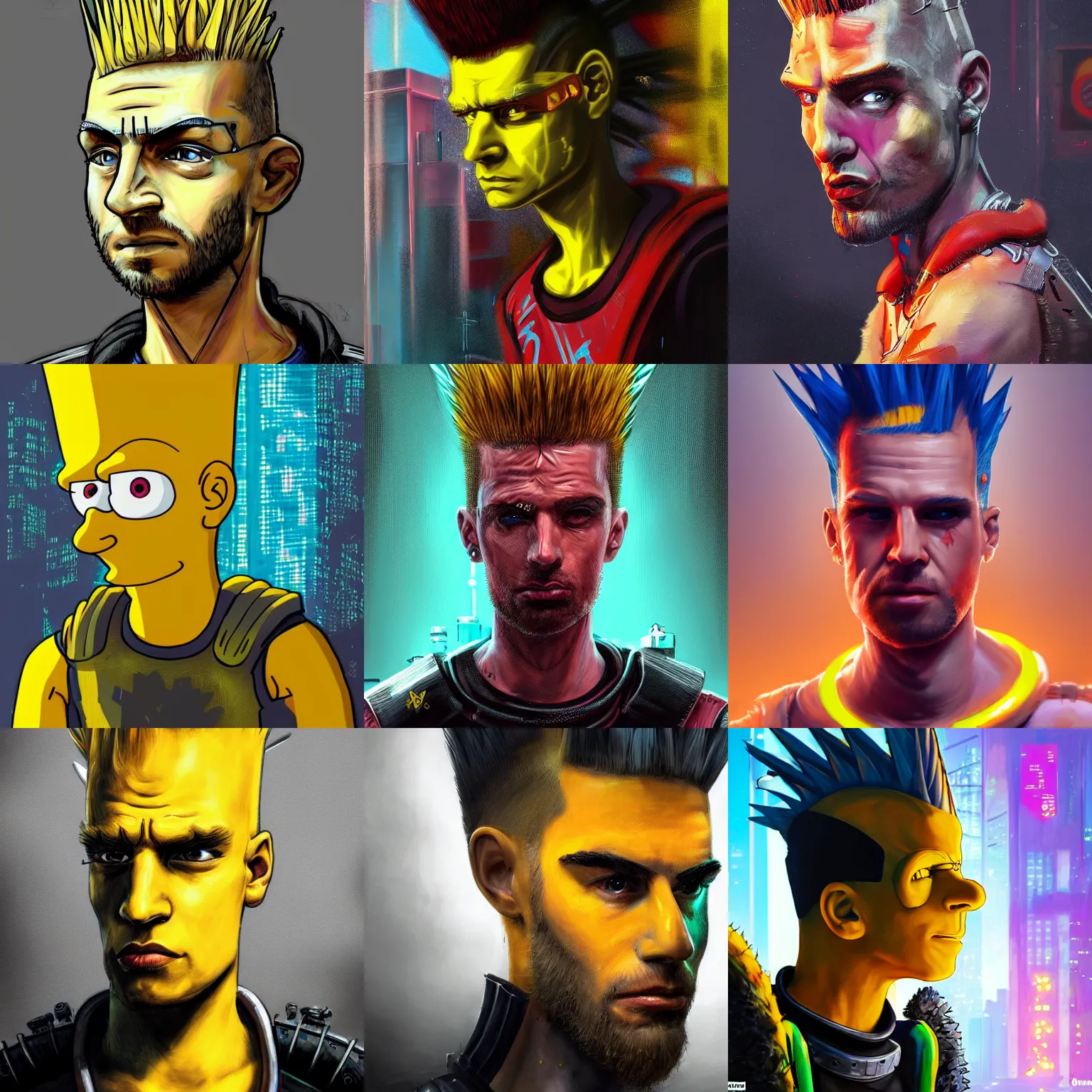 Prompt: portrait of Bart Simpson, with a mohawk, as a character in Cyberpunk 2077, looking at camera, intricate, dystopian, sci-fi, extremely detailed, digital painting, artstation, concept art